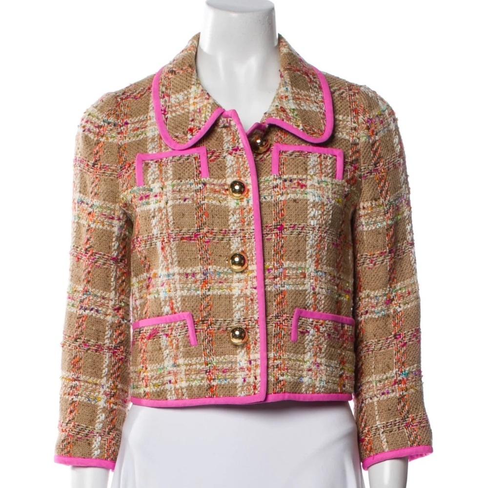 Kate Spade Tweed Jacket Tan Pink Plaid Pattern Gold Buttons Size‎ 2 Silk Lining